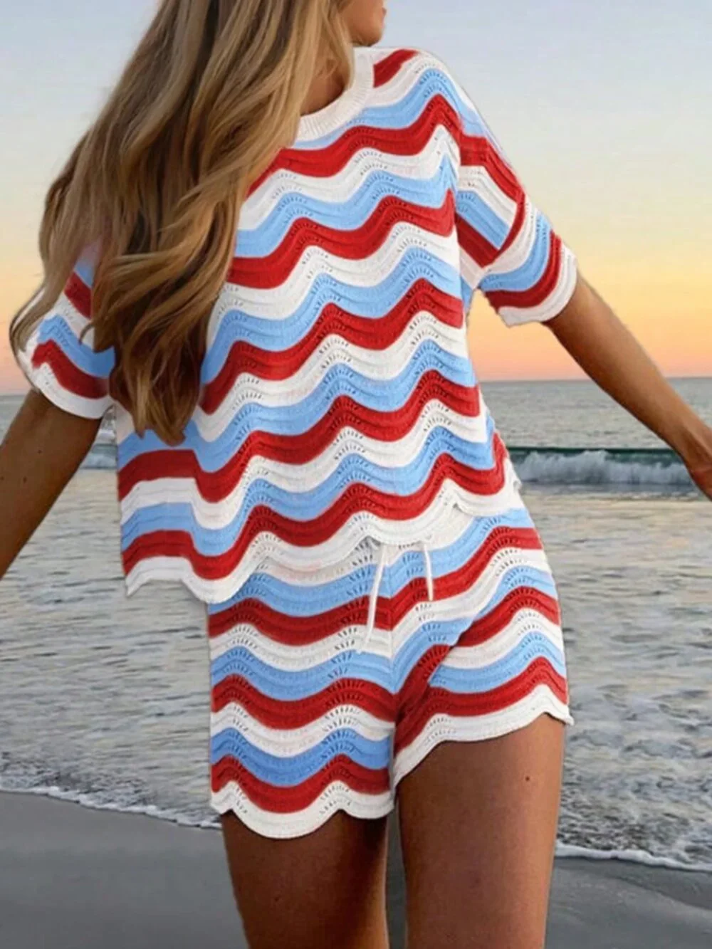 Multicolor Hollow Crochet Knit Women's Short Sleeve Top & Shorts Set